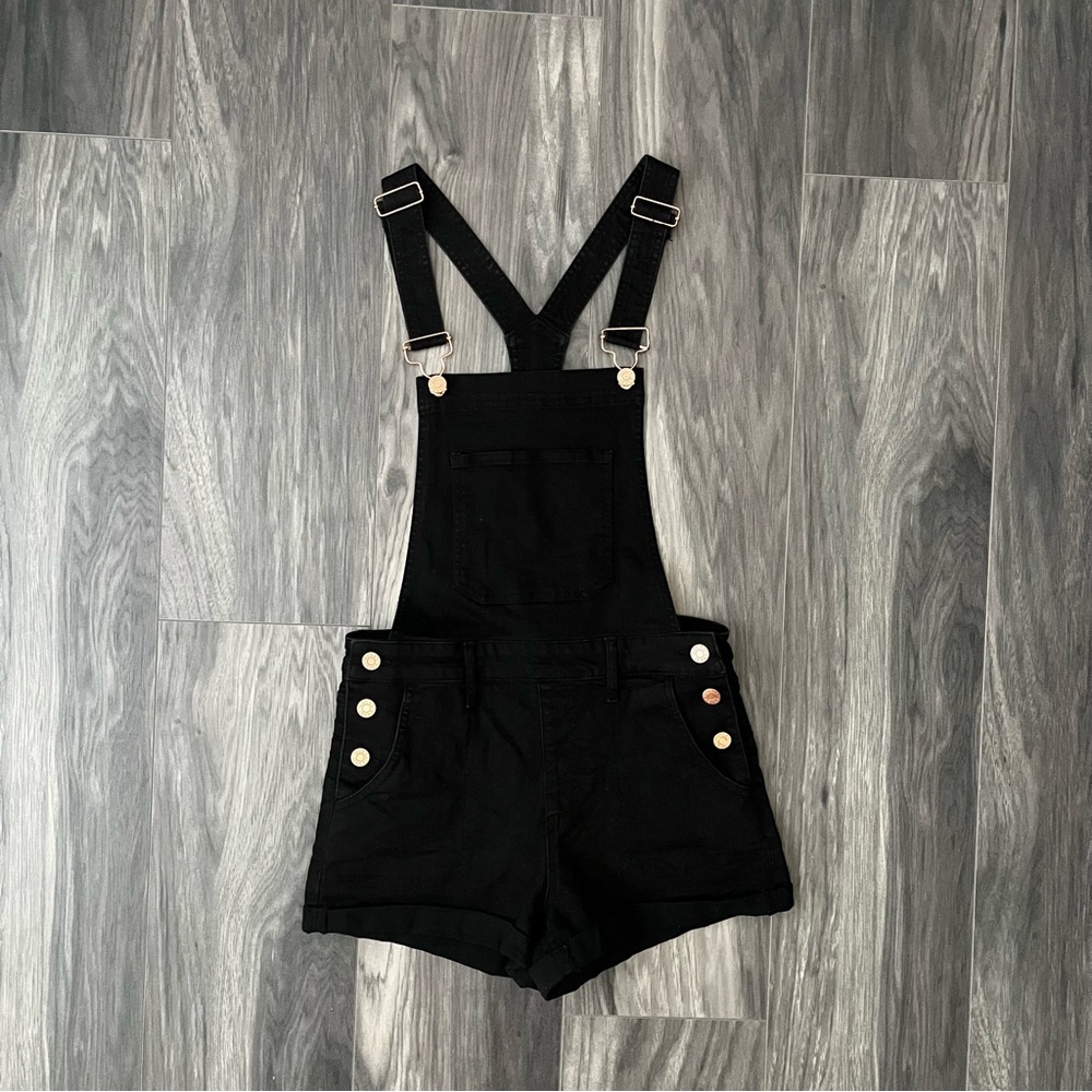 Guess Black Denim Overalls with Gold Accents